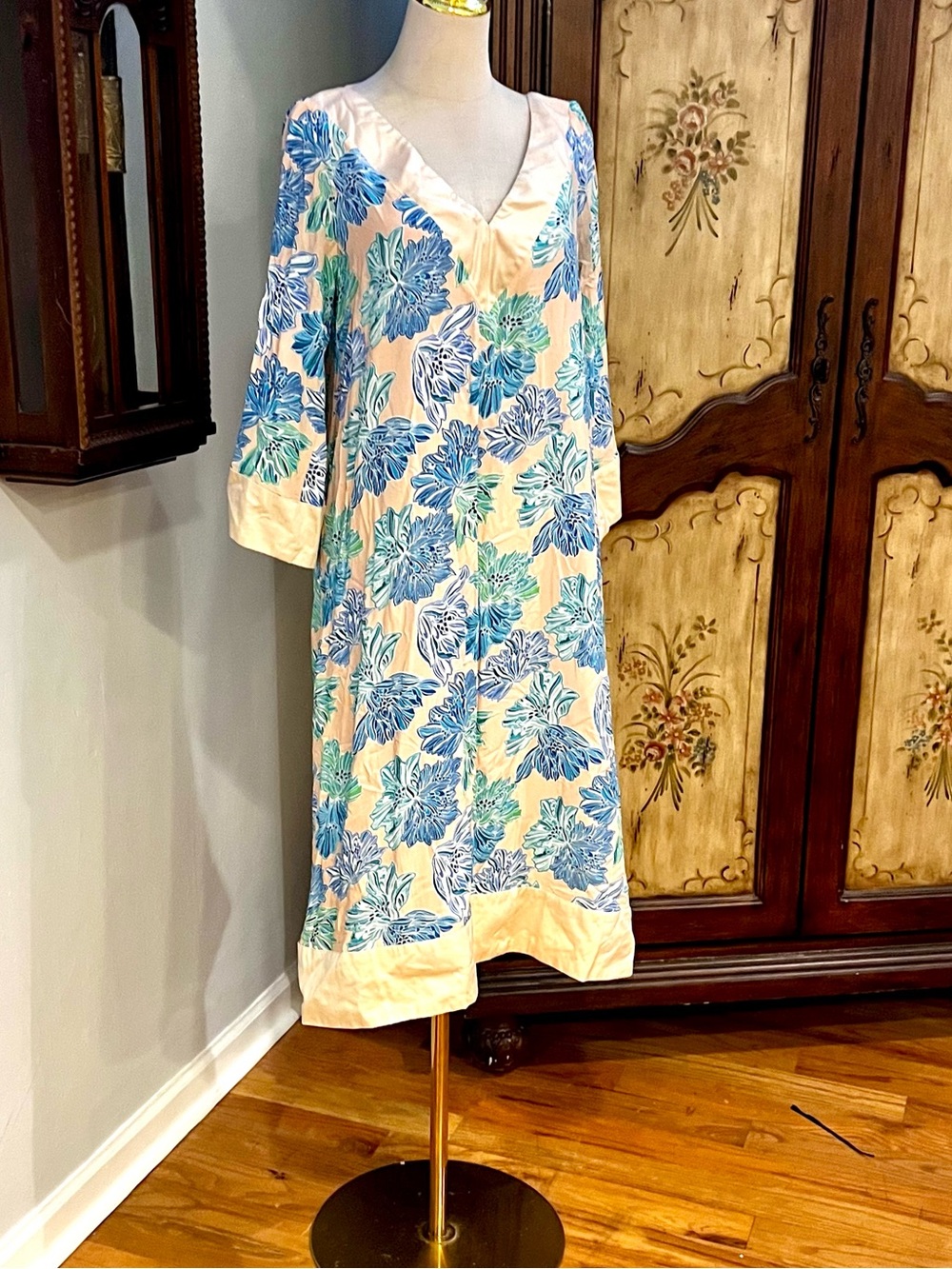 BURU Floral Caftan Midi Dress Resort Coastal Boho Vacation Tunic Peach Size L - Picture 6 of 8